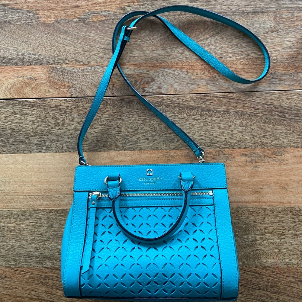 kate spade Turquoise Blue Laser-Cut Leather Crossbody Satchel